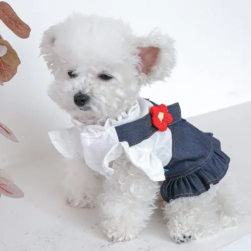 Vista 6 de Ropa de perro para perros pequeños y niña, lindos vestidos de mezclilla para mascotas, vestido de princesa con lazo para cachorro, ropa de princesa