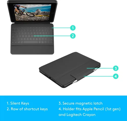Vista 8 de Logitech Funda con teclado para iPad (7ª, 8ª y 9ª generación) Folio delgado con teclado inalámbrico integrado (grafito), 7.3 x 10.1 x 0.9