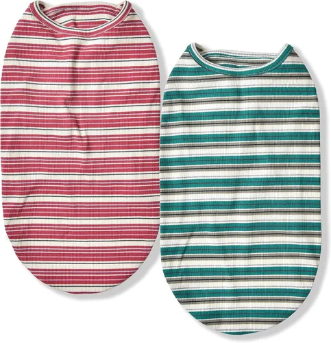 Vista 13 de Camisas para perros, chaleco de algodón a rayas, ropa elástica sin mangas para perros pequeños, paquete de 2 camisetas suaves y transpirables