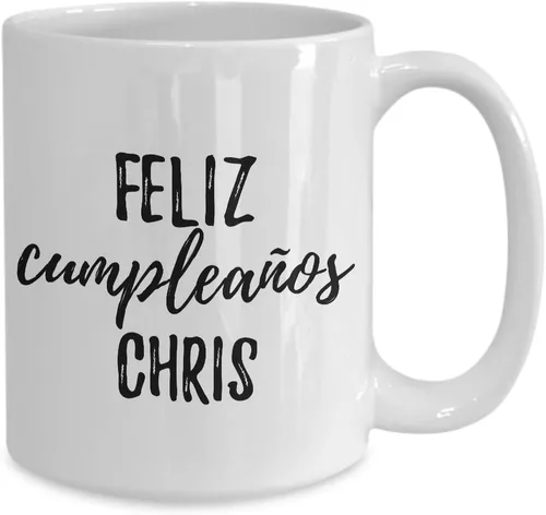 Vista 2 de Feliz Cumpleanos Chris Mug Spanish Happy Birthday Personalized Name Gift Coffee Tea Cup Large 15 Oz