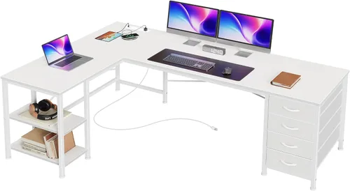 Vista 11 de Huuger Escritorio en forma de L de 55 pulgadas con cajones de tela, escritorio reversible para juegos para computadora con tomas de corriente