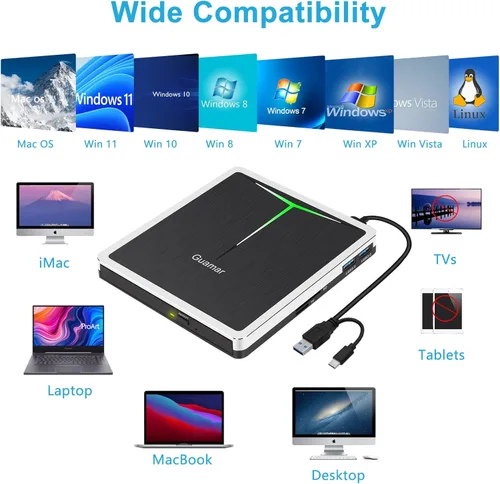 Vista 5 de Guamar Unidad de DVD externa para PC: reproductor de grabadora de CD USB-C para portátil Mac Windows 11 con ranura SD/TF/2 puertos USB/estuche
