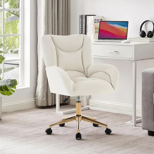 Vista 12 de Silla de escritorio de oficina en casa, cómoda silla de terciopelo ajustable en altura con ruedas y brazos, moderna silla de escritorio con ruedas
