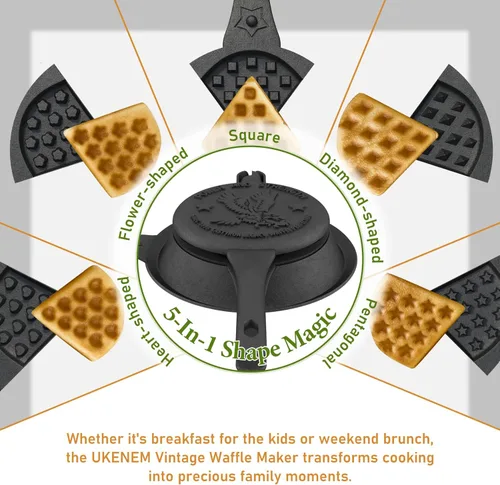 Vista 4 de Máquina para hacer gofres de hierro fundido con base baja, plancha de gofres retro con cinco formas de gofres, presazonada de dos piezas