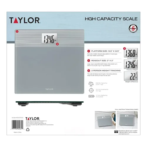 Vista 8 de Taylor Báscula digital de baño de plataforma ancha, báscula para peso corporal, pesadora, funciona con pilas, mide un peso de hasta 500 libras
