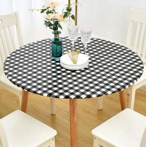 Vista 21 de Rally Home Goods Mantel redondo de vinilo ajustable para interiores y exteriores, respaldo de franela, borde elástico, funda de plástico impermeable