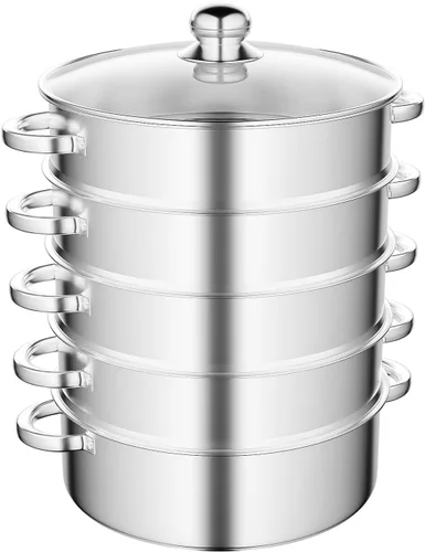 5-Tier Stainless Steel Steamer Meat Vegetable Cooking Steam Pot Kitchen Tool with Stackable Pan and Lid for Steaming Pasta Dumplings and Vegetables