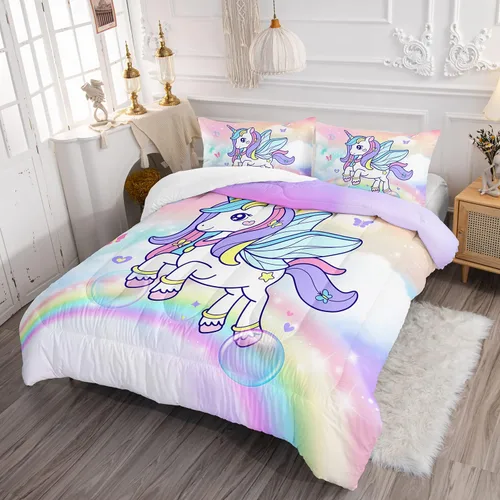 Vista 2 de Juego de edredón de unicornio para niñas, juego de ropa de cama de mariposa, juego de edredón de arco iris, tamaño individual con 1 edredón y 2