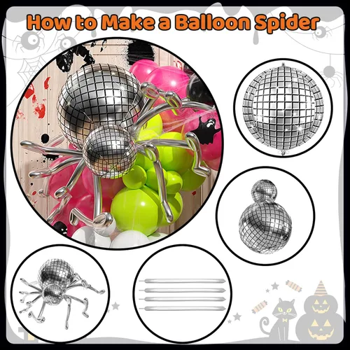 Vista 3 de Kit de arco de globos de Halloween, kit de guirnalda de globos de color negro, verde, rosa intenso, con globo de araña de discoteca 4D, globos blanco