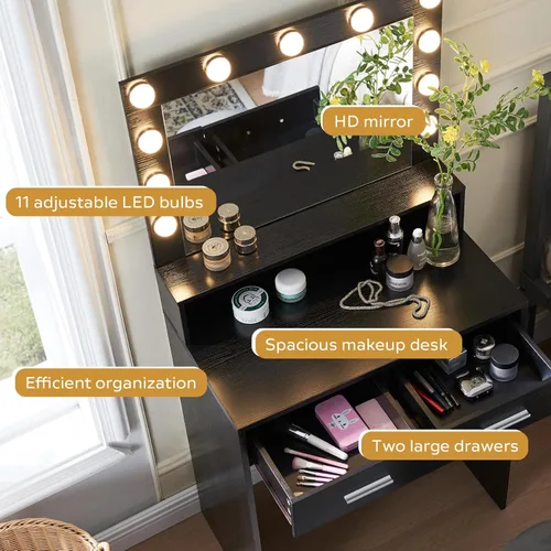 Vista 18 de MIRROTOWEL Escritorio de tocador de 47.5 pulgadas con espejo grande, 3 modos de iluminación de color, brillo ajustable, cómoda con 3 cajones y 2