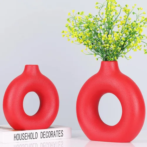 Vista 7 de Juego de 2 jarrones con forma de dona para decoración de jarrón rojo, jarrones circulares huecos, modernos jarrones de cerámica mate para entrada