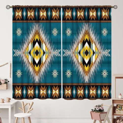 Vista 210 de Cortinas con patrón geométrico tribal, estilo suroeste, azteca, rústico, occidental, nativo americano, opacas, con bolsillo para barra, decoración