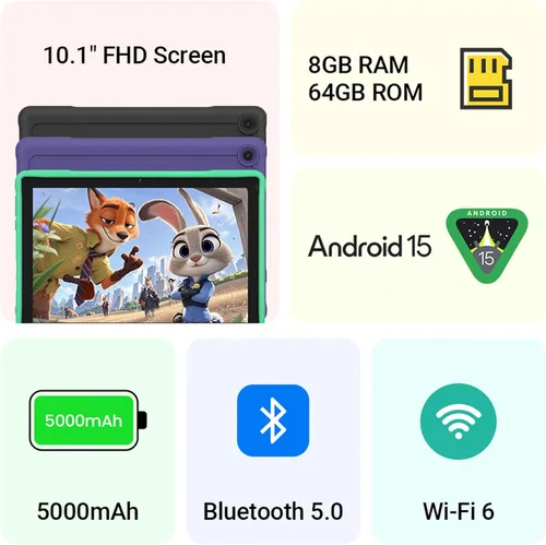 Vista 3 de Tableta para niños, 10.1 pulgadas HD Android 15, 64 GB de almacenamiento, 8 GB de RAM, modo de protección ocular, batería de 10 horas, funda a