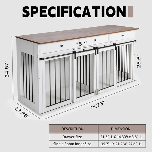Vista 6 de Scurrty Mueble de jaula para perros de 72 pulgadas, muebles de madera para perreras con 3 cajones, soporte de TV para interiores con puertas dobles