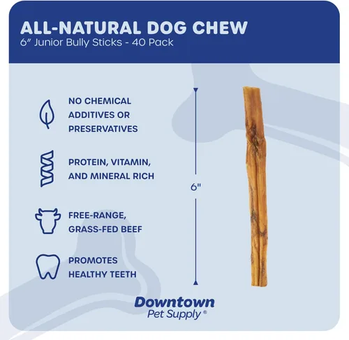 Vista 2 de Downtown Pet Supply Bully Sticks para perros, tamaño junior (6 pulgadas, paquete de 40 unidades) masticables para perros sin cuero crudo de larga