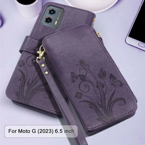 Vista 6 de Lacass Funda de piel con bolsillo con cremallera para Motorola Moto G 5G 2023 (morado oscuro)