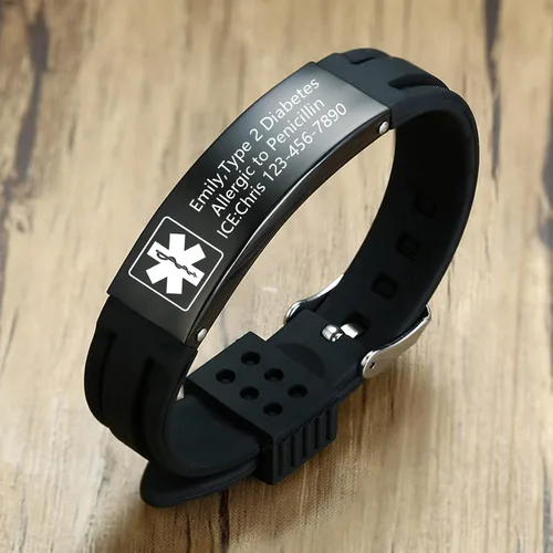 Vista 4 de VNOX Alerta de emergencia médica para hombres y mujeres pulsera ajustable de goma de silicona de acero inoxidable