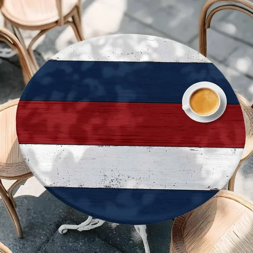 Vista 2 de Mantel redondo ajustable azul marino, rojo y blanco con borde elástico, mantel para exteriores, impermeable, a rayas, de madera de granja