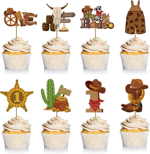 Suzile 48 piezas My 1st Rodeo Cake Topper Cowboy Cupcake Toppers Hat Boot Cow Skull Cactus Enterizo Bufanda Cowgirl Cake Decor para cumpleaños