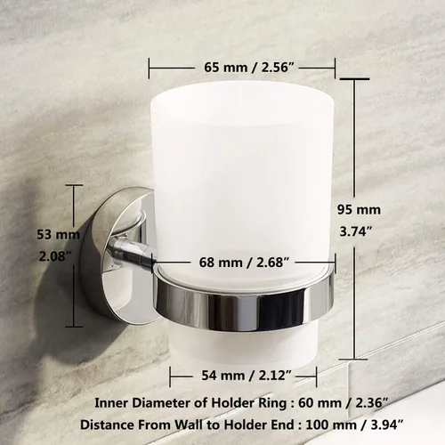 Vista 5 de Vaso de vidrio para cepillo de dientes con soporte de acero inoxidable para montaje en pared cromado