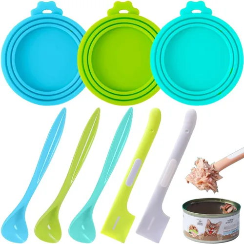 Paquete de 8 tapas para latas, cubierta para lata de comida para mascotas y cucharas para mezclar alimentos Cuchara para alimentos enlatados, se
