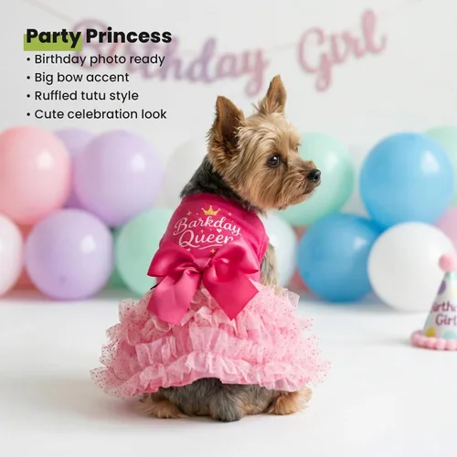 Vista 7 de Fitwarm Vestido de tul Barkday Queen para perro, ropa de cumpleaños para perritas pequeñas, atuendo para mascotas, rosa claro, rosa intenso, XXS