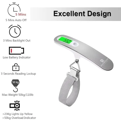 Vista 2 de ROTOPATA Báscula digital de viaje para equipaje con función de advertencia de sobrepeso, báscula de pesaje electrónica portátil de mano con gancho