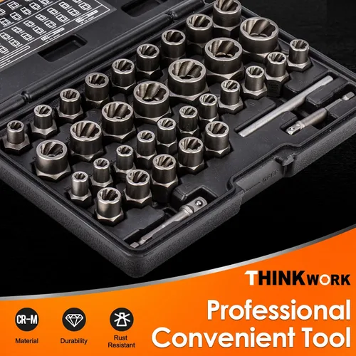 Vista 7 de THINKWORK Kit Extractor de Pernos Easy Out, Juego de 35 Piezas de Dados Extractores de Tuercas, Herramienta de Accionamiento de 1/4" y 3/8