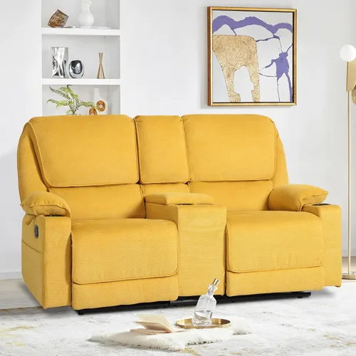 Vista 7 de KIGOTY Sofá reclinable de dos plazas con consola central, silla reclinable de cine en casa con 4 portavasos, sofá biplaza reclinable de 2 asientos