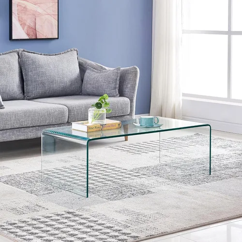 Vista 8 de Mesa de café de vidrio SMARTIK, mesas de café modernas transparentes para sala de estar, pequeña mesa rectangular de vidrio templado en cascada