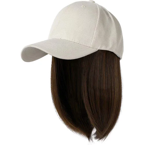 Vista 8 de YEKEYI Gorra de béisbol con extensiones de cabello, peluca sintética para mujer, gorra de béisbol ajustable (beige negro)