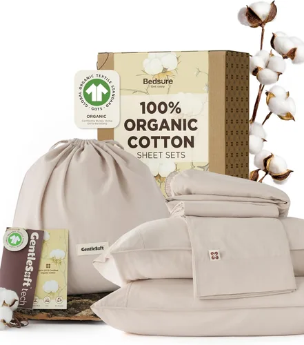 Vista 11 de Bedsure Sábanas 100% GOTS de algodón orgánico, juego de ropa de cama tamaño Queen con certificado de comercio justo, ecológico, suave, sábana Queen