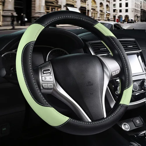 Vista 12 de Funda de cuero para volante de auto, protector antideslizante para volante de auto de cuero de microfibra transpirable, ajuste universal