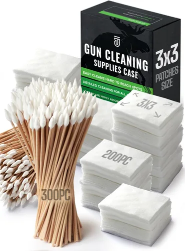Estuche de 900 piezas de suministros de limpieza de armas - 300 piezas de parches y 600 piezas de hisopos - Parches libres de pelusa de 6 pulgadas,