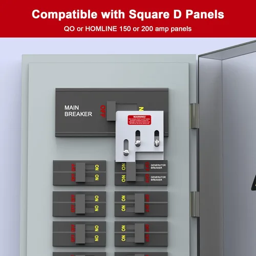 Vista 2 de Kit de bloqueo de generador compatible con paneles Square D QO o Homeline de 150 o 200 amperios. 1 3/8 pulgadas de espaciado entre el interruptor