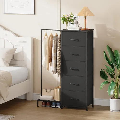 Vista 4 de Somdot Cómoda con estante para colgar, armario pequeño de 5 cajones para dormitorio, cómoda reversible con perchero, cómoda para niños para Negro