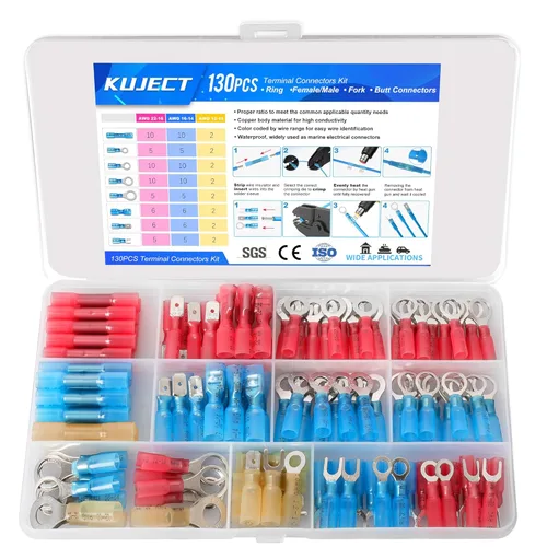 Vista 16 de Kuject 90 piezas conectores de alambre termorretráctiles, kit de terminales de cable eléctrico impermeables multiusos, conectores de crimpado