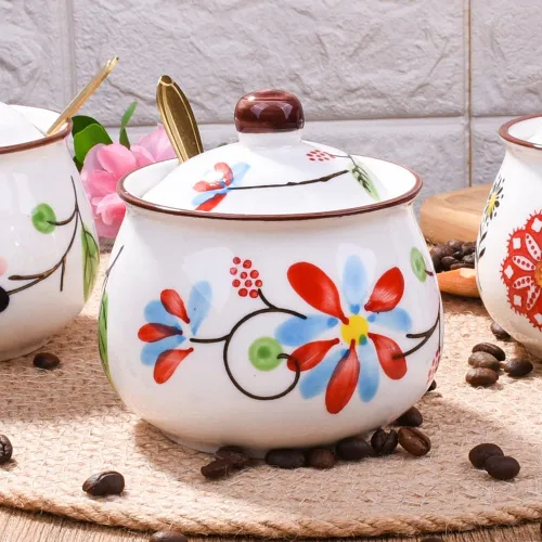 Vista 2 de Azucarero de porcelana con tapa y cuchara, recipiente de condimento, tarro de sal para el hogar y la cocina (HH)