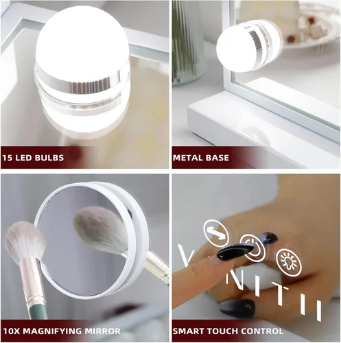 Vista 4 de Vantii - Espejo de tocador Hollywood con luces, carga USB, 22.8 x 18.1 pulgadas, espejo de maquillaje iluminado con 15 bombillas LED regulables, 3