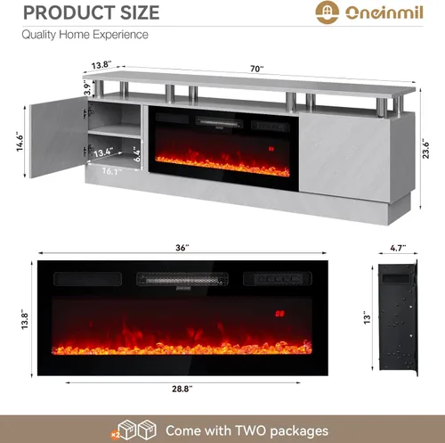 Vista 8 de oneinmil Soporte de TV con chimenea eléctrica integrada de 36" - Consola de 2 niveles de 70" para televisores de hasta 80", ideal para ambientes