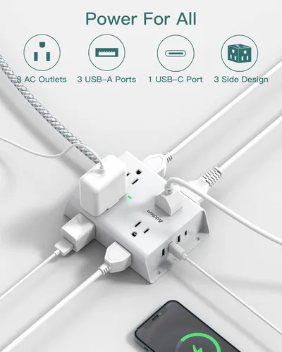Vista 6 de Regleta protectora de sobretensiones, 8 tomas amplias con 4 puertos USB (1 toma USB C) y 3 salidas con 3 puertos USB, cable de extensión de enchufe