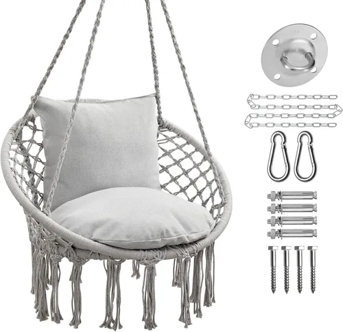Vista 8 de JoyView Silla Hamaca de Macramé Colgante Máx. 330 Libras con 2 Cojines y Kits de Herrajes para Interior Exterior Dormitorio Patio Jardín - Beige
