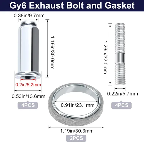 Vista 2 de PAGOW Kit de 10 piezas de pernos y juntas de escape Gy6 para scooters de 50 cc, 125 cc, 150 cc, ATV, ciclomotor, quad, 4 ruedas, dunas, buggy