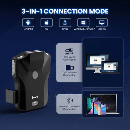 Vista 9 de Eyoyo Escáner de código QR Bluetooth, 2D inalámbrico con clip trasero UPC USB lector de código de barras con indicador de nivel de batería