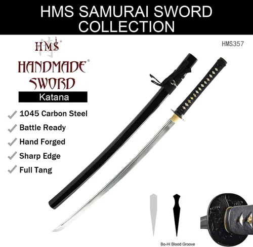 Vista 8 de HMS Samurai Katana Sword, Functional, Hand Forged, 1045 Carbon Steel, Heat Tempered, Full Tang, Sharp