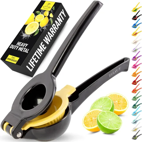 Zulay Kitchen Exprimidor de limón 2 en 1 de metal, exprimidor de mano de extracción máxima resistente, exprimidor de limón que recibe hasta la