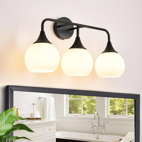Vista 9 de Lámparas doradas de baño con 2 luces de tocador con pantalla de vidrio blanco leche, luces de tocador para baño, aplique de pared moderno para baño