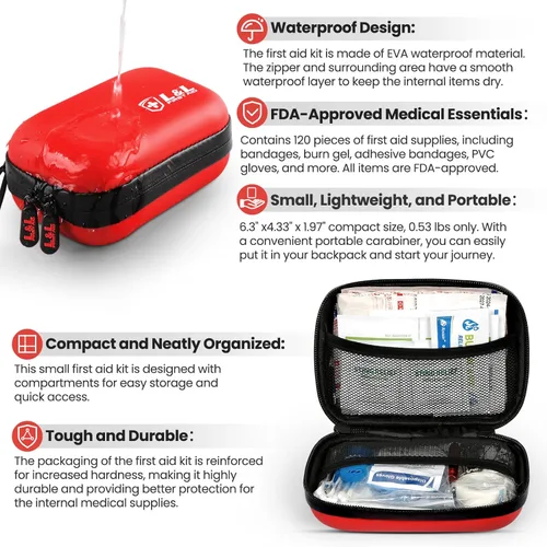 Vista 6 de Kit de primeros auxilios para viajes, automóvil y supervivencia de emergencia, suministros médicos compactos e impermeables con vendajes de trauma
