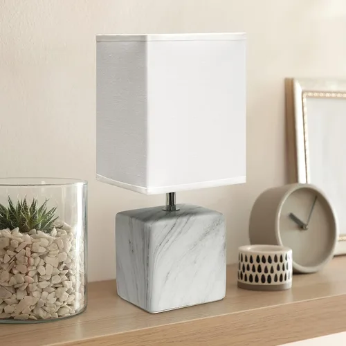 Vista 4 de Simple Designs LT2071-WOW - Mini lámpara de mesa pequeña de cerámica marmolada blanca con pantalla de tela blanca (paquete de 2)