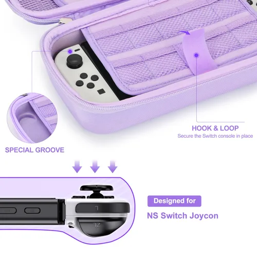 Vista 5 de innoAura Switch OLED Case 19-in-1 Bundle with Carrying Case, Game Organizer, Screen Protector, Stand and Thumb Grips (Purple)